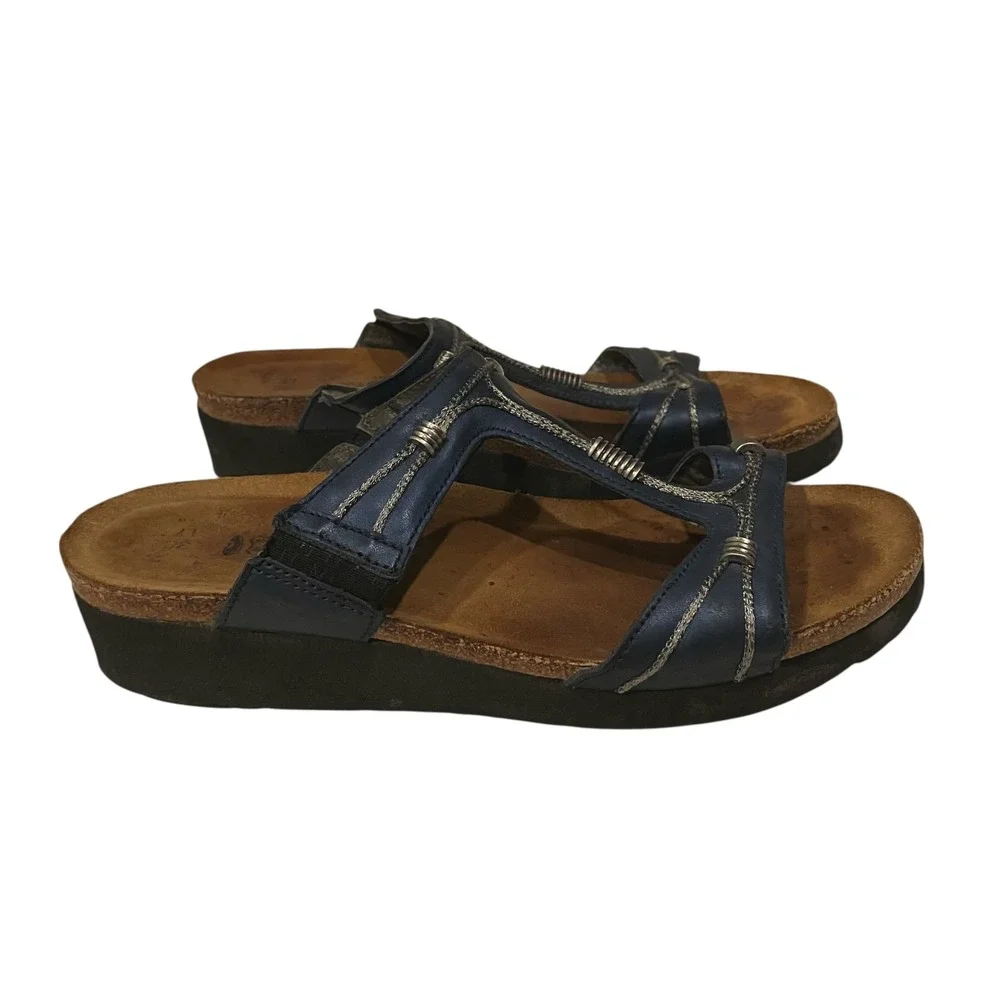 Naot Dana‎ Women Blue Leather Sandals Metallic Silver Detail Size 38 L7 Israel